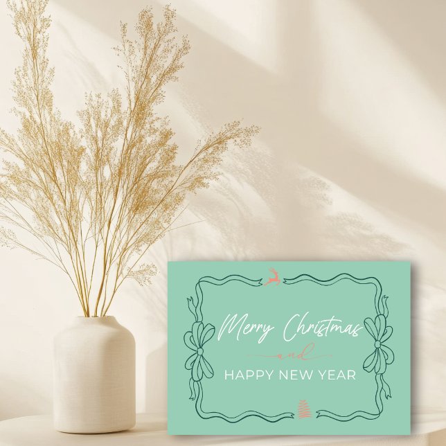 Tarjeta plegada de fideos de vacaciones de Bow & T (Retro Bow & Trees Doodles Holiday Folded Card)
