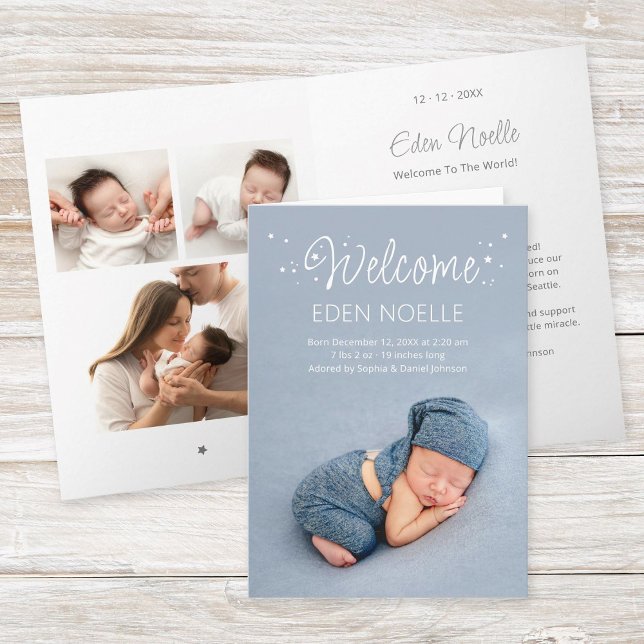 Tarjeta plegada de Invitación de bebé de estrellas (Modern, elegant white calligraphy "Welcome" with stars birth announcement folded photo collage card.)