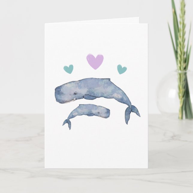 Tarjeta plegada madre y bebé ballena en blanco (Anverso)