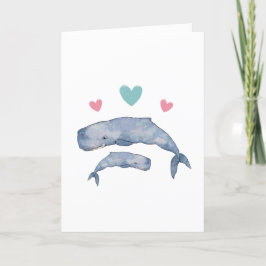 Tarjeta plegada madre y bebé ballena en blanco