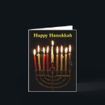 Tarjeta plegada Menorah and Candles Hanukkah<br><div class="desc">¡Es hora de encender la menorah para Hanukkah! Las velas se aglutinan en la octava noche de Hanukkah,  como se ve en una celebración en casa. Nota plegada tradicional,  en blanco dentro del mensaje. El mensaje de la portada también es personalizable,  por lo que puede personalizar como desee.</div>