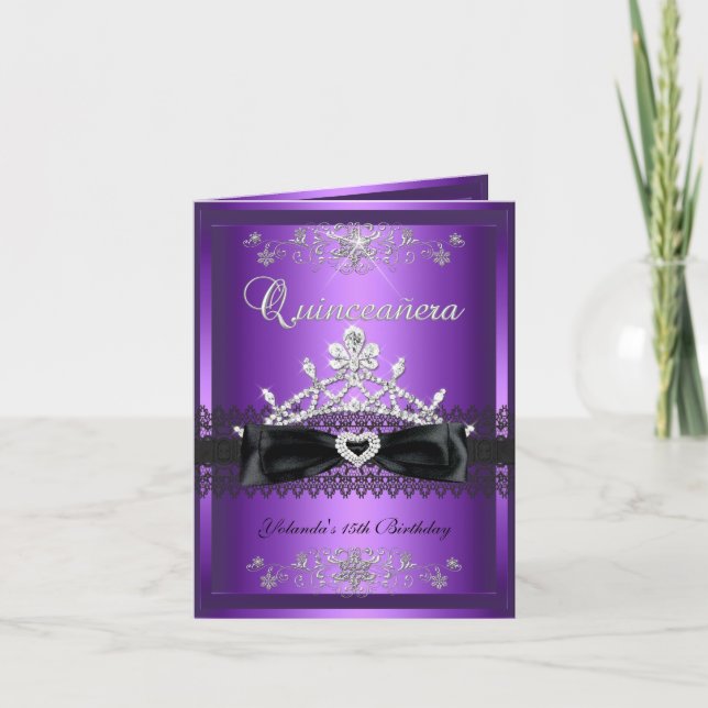Tarjeta plegada Quinceanera Purpurina púrpura Tiar (Anverso)