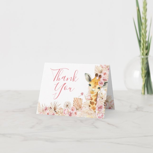 Tarjeta plegada Rubor Pink Boho Giraffe Baby Showe (Anverso)