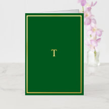 Tarjeta plegada verde monograma de Relieve metaliz