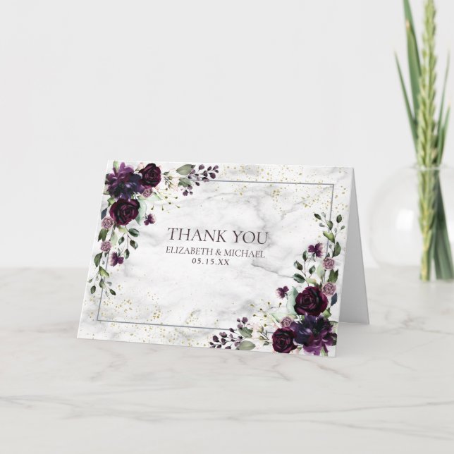 Tarjeta Plum Purple Gold Floral Boda Gracias (Anverso)