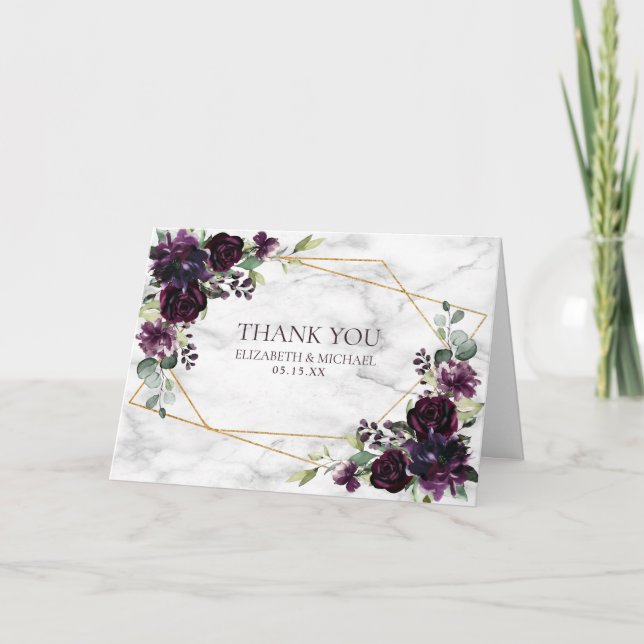 Tarjeta Plum Purple Gold Geométrico Floral Photo Boda (Anverso)