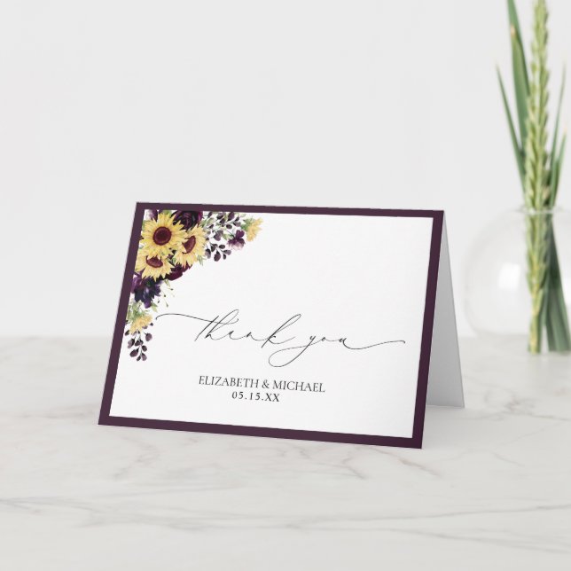 Tarjeta Plum Purple Sunflower Boda Gracias (Anverso)