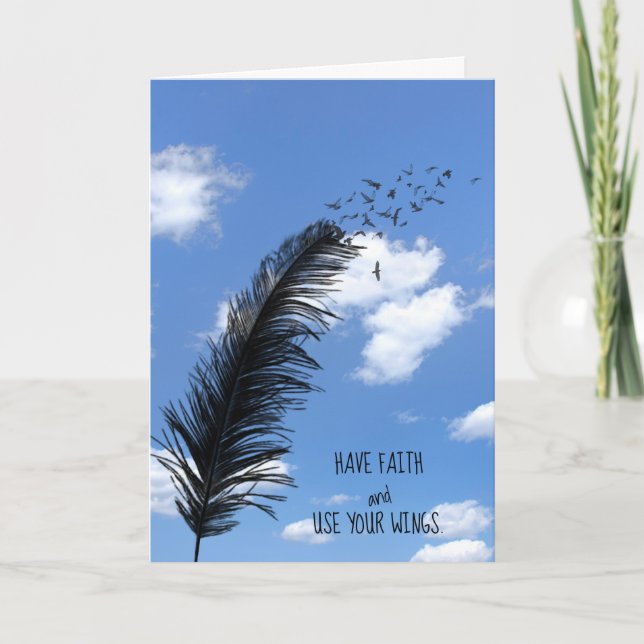 Tarjeta plumas negras y aves inspiradoras (Anverso)