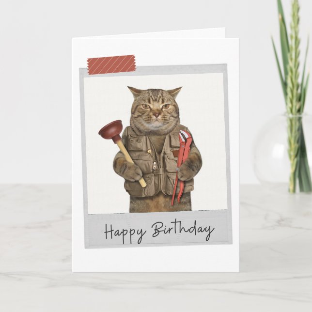 Tarjeta Plumber Cat Funny Birday Card (Anverso)
