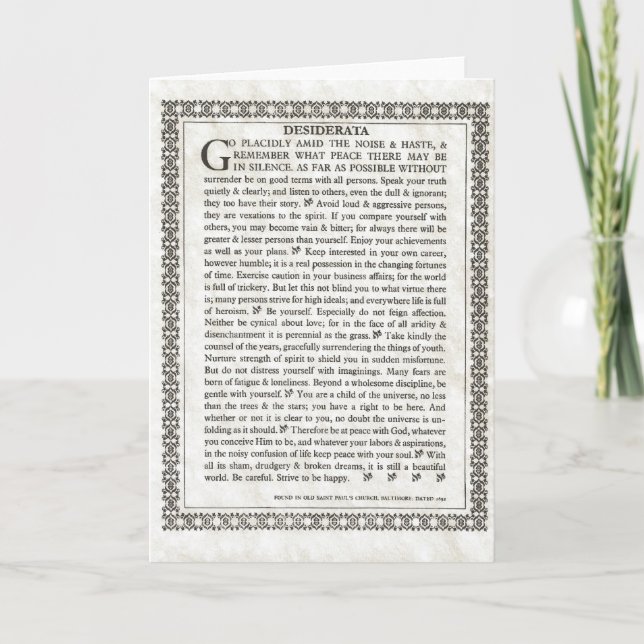 Tarjeta Poema de DESIDERATA=Max Ehrmann=Colección de perga (Anverso)