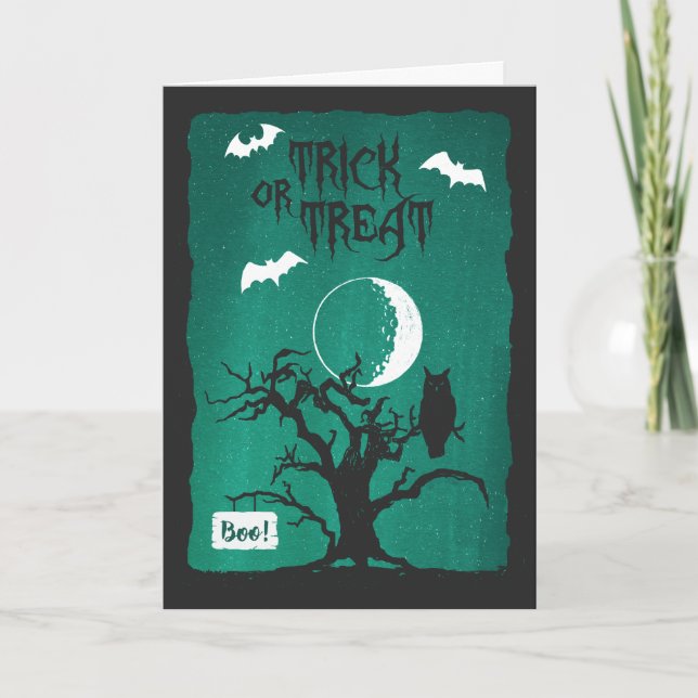 Tarjeta Poema de Halloween Crooked Tree Owl Moon Bats (Anverso)