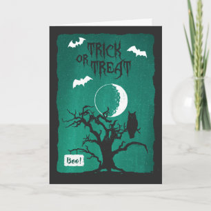 Tarjeta Poema de Halloween Crooked Tree Owl Moon Bats