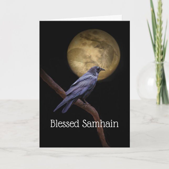 Tarjeta Poema de Samhain Cuervo y Luna (Anverso)