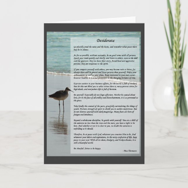Tarjeta Poema Desiderata - Escena de gaviota en la playa (Anverso)