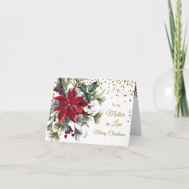 Tarjeta Poinsettia, confeti de oro, madre en Navidades de  (Anverso)