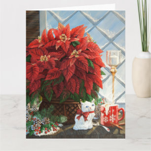Tarjeta Poinsettia de invierno, gatito cerámico, huevo de 