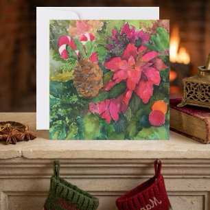Tarjeta Poinsettia de Navidad Pintura Original en Acuarela