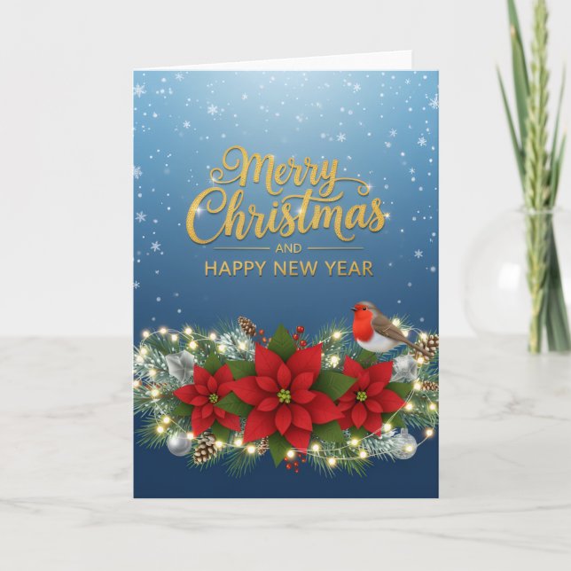 Tarjeta Poinsettia Glow Christmas & New Year Card (Anverso)