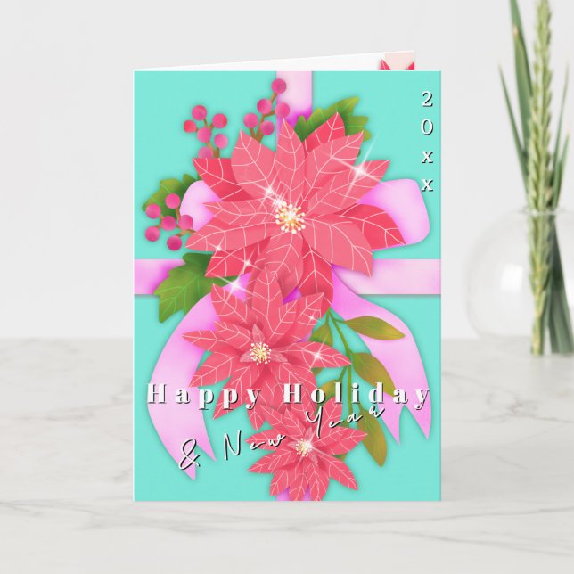 Tarjeta Poinsettia Happy Holiday New Year Aqua Blue (Anverso)