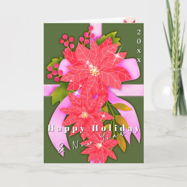 Tarjeta Poinsettia Happy Holiday New Year Green (Anverso)