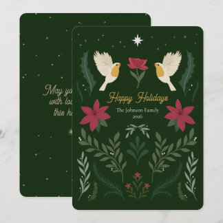 Tarjeta Poinsettia Robin de Navidad Botánica Personalizada