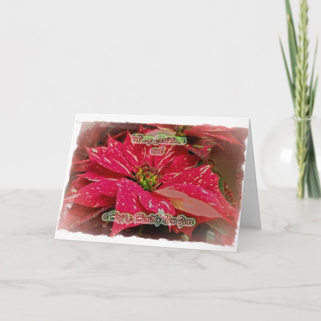 Tarjeta Poinsettia Roja y Blanca Feliz Navidad y Año Nuevo (Anverso)