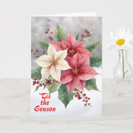 Tarjeta Poinsettia Rosa Blanco "Es la Temporada" Navidad