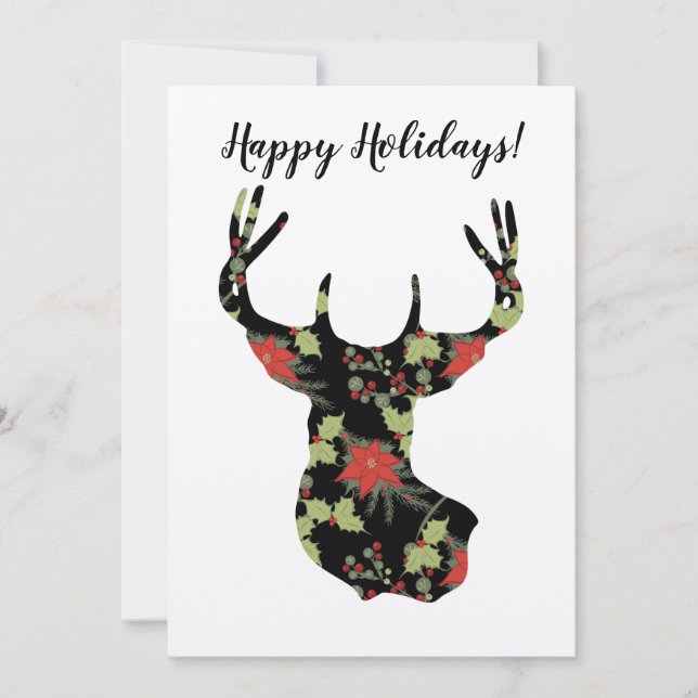 Tarjeta Poinsettia y Holly Deer Head Rustic (Anverso)