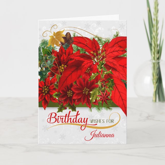 Tarjeta Poinsettias de cumpleaños de diciembre (Anverso)