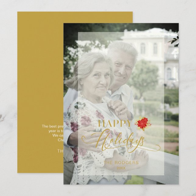 Tarjeta Poinsettias Happy Holidays Photo Family Gold (Anverso / Reverso)