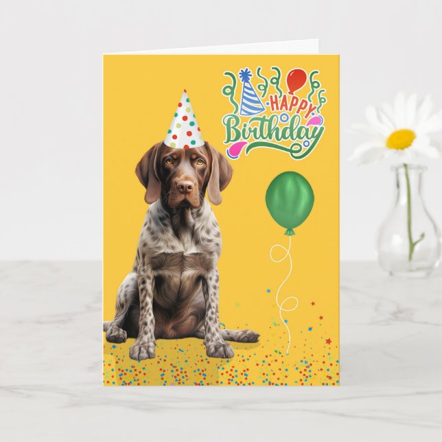 Tarjeta Pointer Dog in a Party Hat on Yellow Birthday (Planta pequeña)