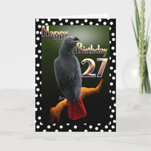 Tarjeta Polka de loro gris africano con 27 puntos B-Day