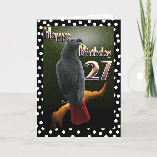 Tarjeta Polka de loro gris africano con 27 puntos B-Day (Anverso)
