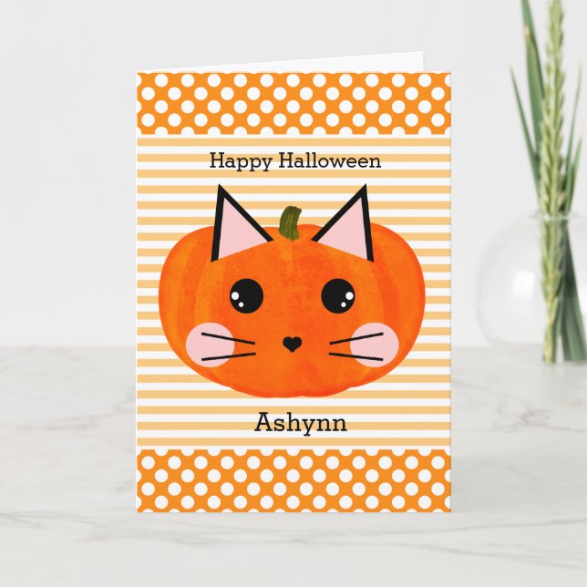 Tarjeta Polka Dot Naranja Gato de calabaza Feliz Halloween (Anverso)