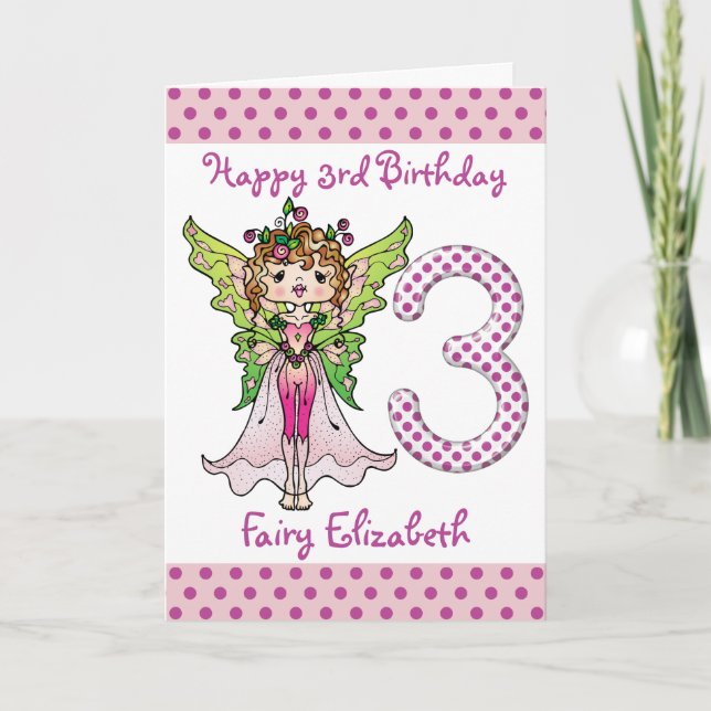 Tarjeta Polka Rosa Dots Fairy Princess 3º cumpleaños (Anverso)