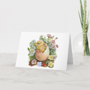 Tarjeta Pollito Adorable en el Huevo con Flores Acuarela