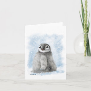 Tarjeta Pollito de pingüino lindo en la caricatura de niev