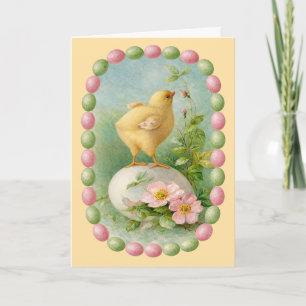 Tarjeta Pollito de primavera con borde de huevo pastel