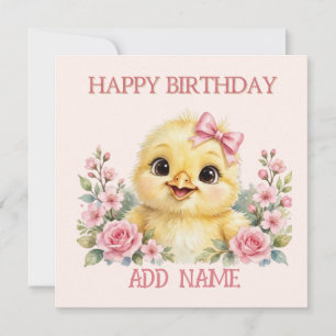 Tarjeta Pollito hembra: lazo y flores pastel de animalito