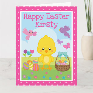 Tarjeta Pollito Lindo de Primavera y Huevos de Chocolate d