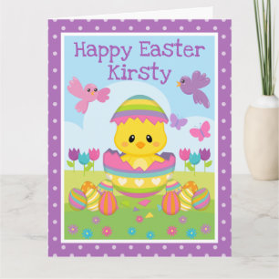 Tarjeta Pollito Lindo de Primavera y Huevos de Chocolate d