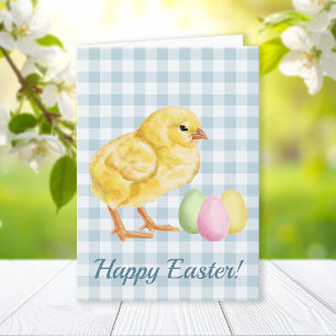 Tarjeta Pollito y huevos de acuarela sobre azul Feliz Pasc