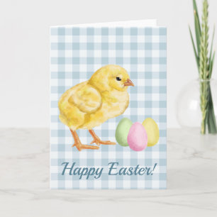 Tarjeta Pollito y huevos de acuarela sobre azul Feliz Pasc