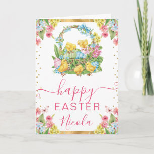 Tarjeta Pollitos y Huevos de Acuarela Primavera Feliz Pasc