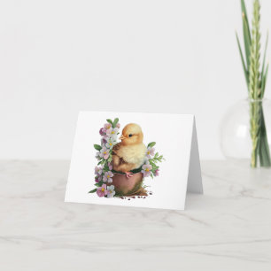 Tarjeta Pollo acuarela en maceta con flores en BLANCO