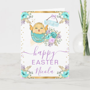 Tarjeta Pollo acuarela y flores Feliz Pascua