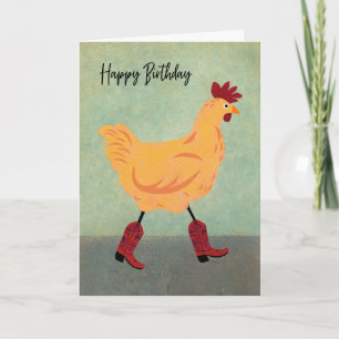 Tarjeta Pollo de cumpleaños con botas de vaquero