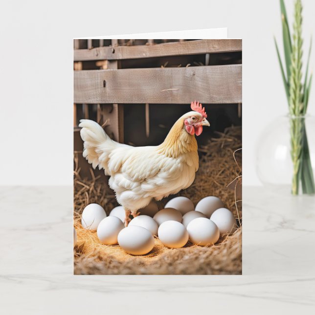 Tarjeta Pollo de cumpleaños con huevos blancos (Anverso)
