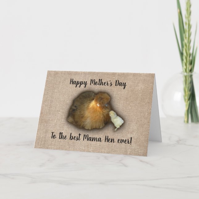 Tarjeta Pollo Feliz Día de la Madre Mama Hen Chick Burlap (Anverso)