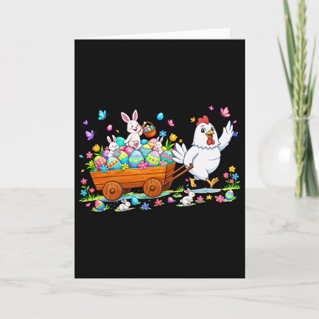 Tarjeta Pollo llevando huevos de chocolate de Pascua conej (Anverso)